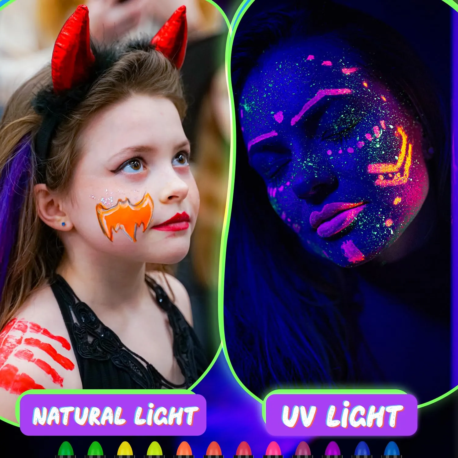 24 Pcs Glow in The Black Light Face Body Paint, UV Black Light Glow Crayons Neon Fluorescent Face Painting Makeup Kit for Halloween Club Makeup Holiday Birthday Club Xmas Glow Party (12 Color)