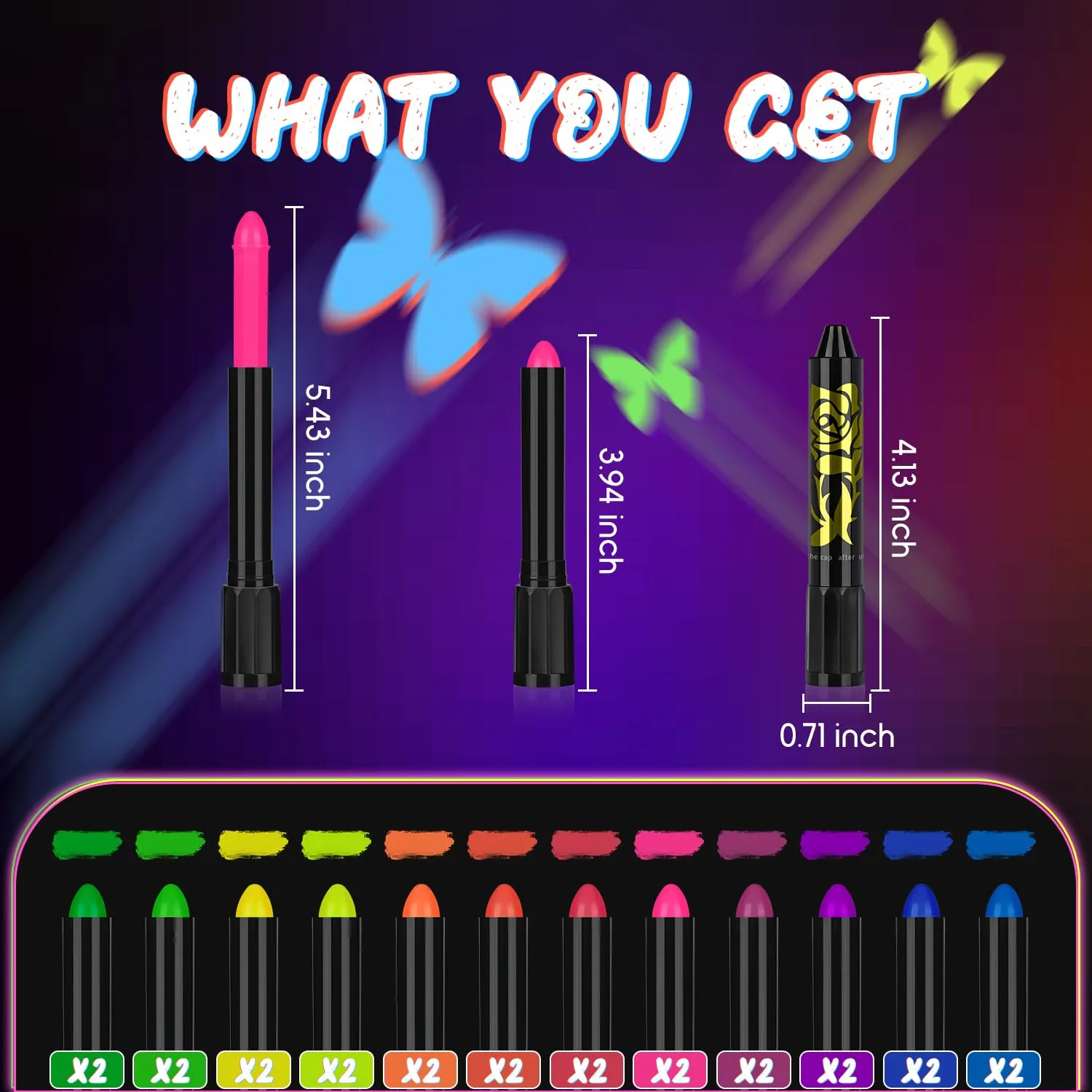 24 Pcs Glow in The Black Light Face Body Paint, UV Black Light Glow Crayons Neon Fluorescent Face Painting Makeup Kit for Halloween Club Makeup Holiday Birthday Club Xmas Glow Party (12 Color)