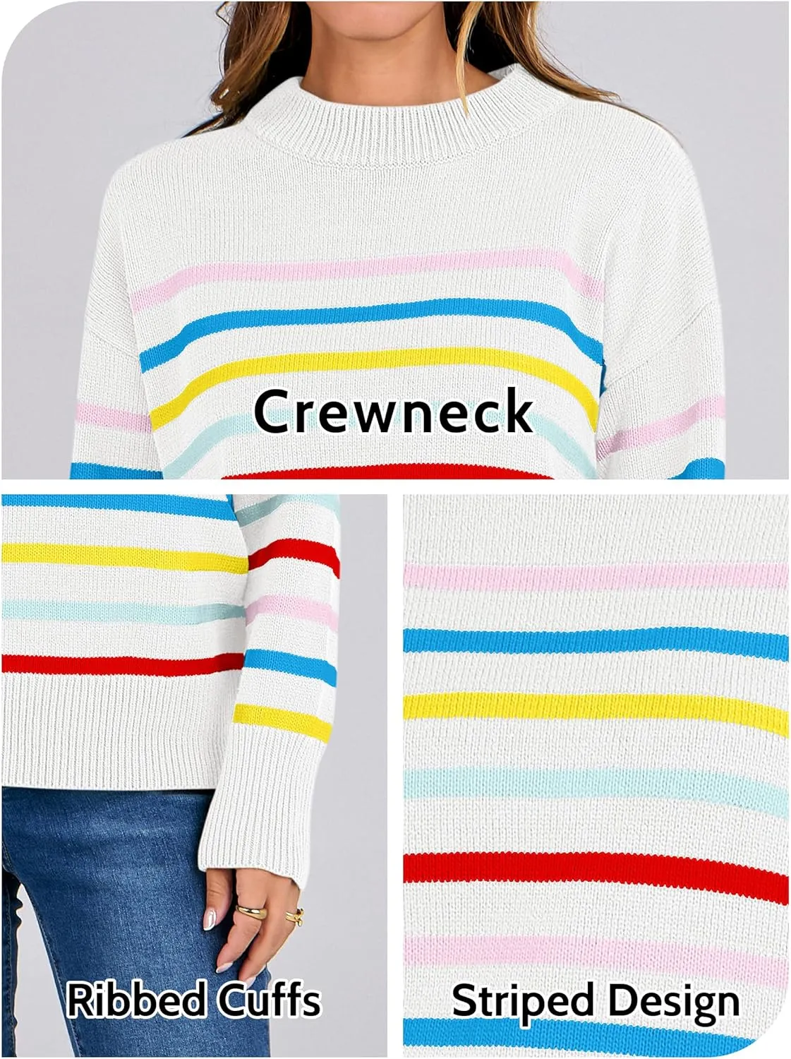 ANRABESS Women Fall Fashion Sweaters Striped Long Sleeve Crewneck Loose Fit Cozy Knit Trendy Pullover Sweater Tops