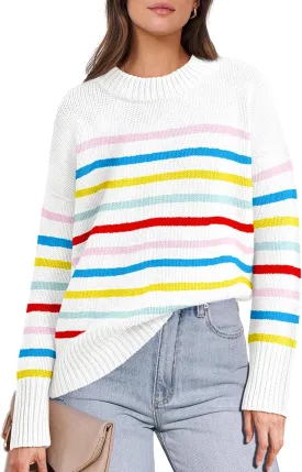 ANRABESS Women Fall Fashion Sweaters Striped Long Sleeve Crewneck Loose Fit Cozy Knit Trendy Pullover Sweater Tops