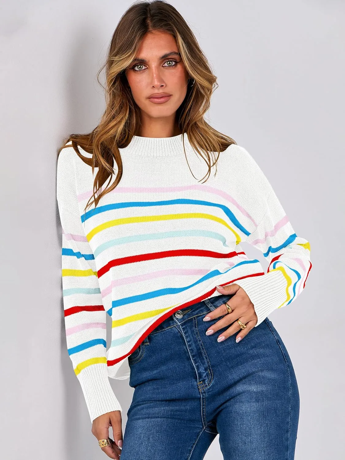 ANRABESS Women Fall Fashion Sweaters Striped Long Sleeve Crewneck Loose Fit Cozy Knit Trendy Pullover Sweater Tops
