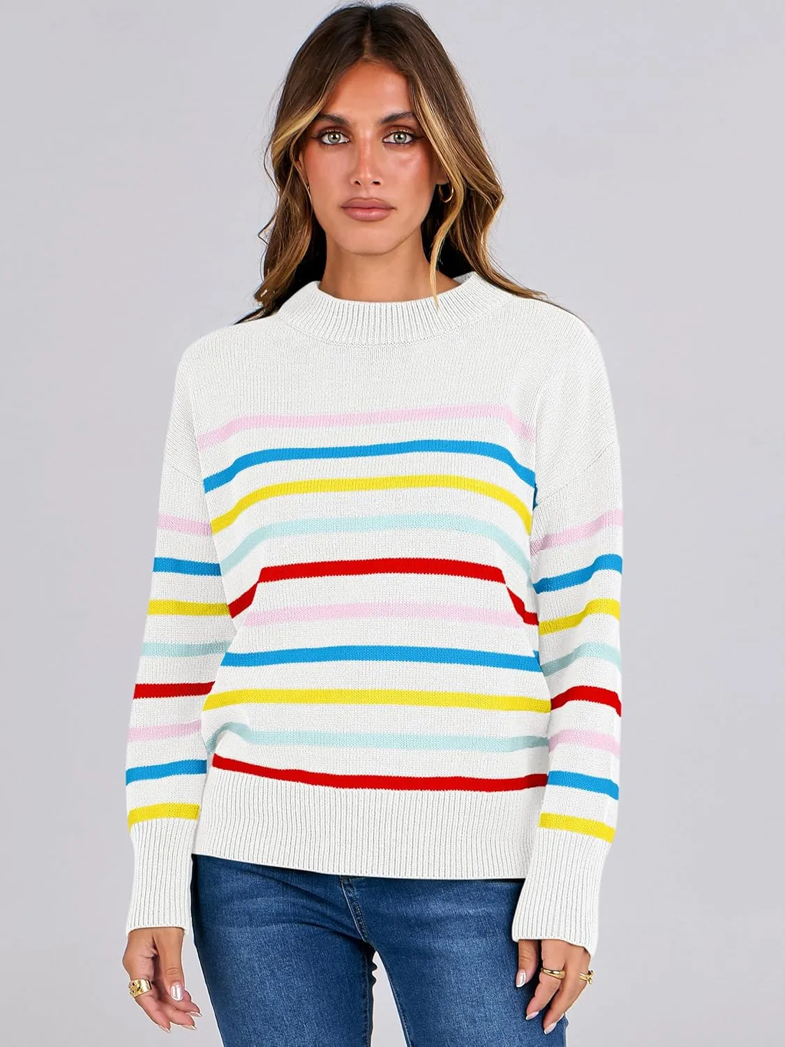 ANRABESS Women Fall Fashion Sweaters Striped Long Sleeve Crewneck Loose Fit Cozy Knit Trendy Pullover Sweater Tops