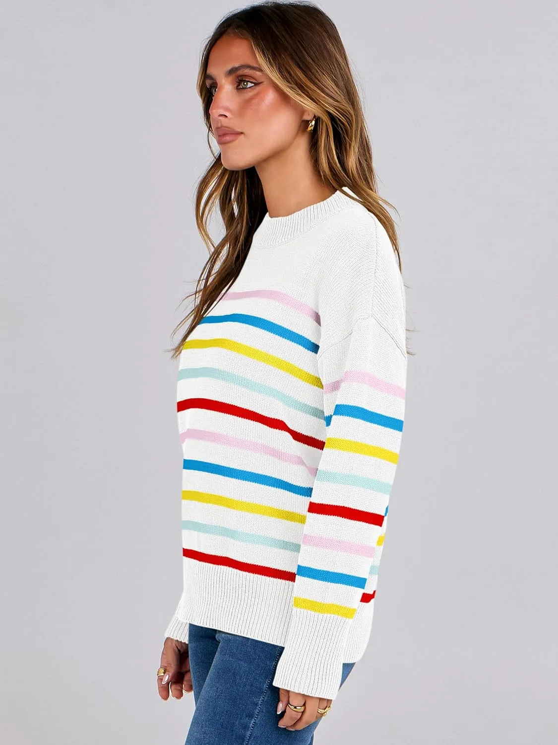 ANRABESS Women Fall Fashion Sweaters Striped Long Sleeve Crewneck Loose Fit Cozy Knit Trendy Pullover Sweater Tops