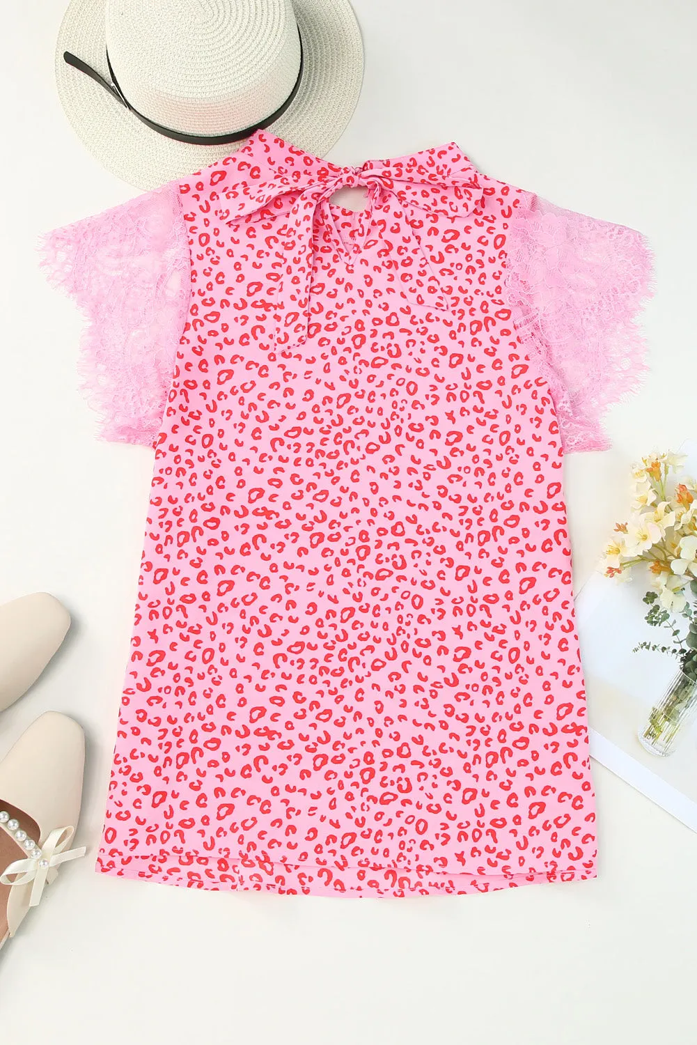 *APP EXCLUSIVE* Leopard Print Lace Short Sleeve Blouse