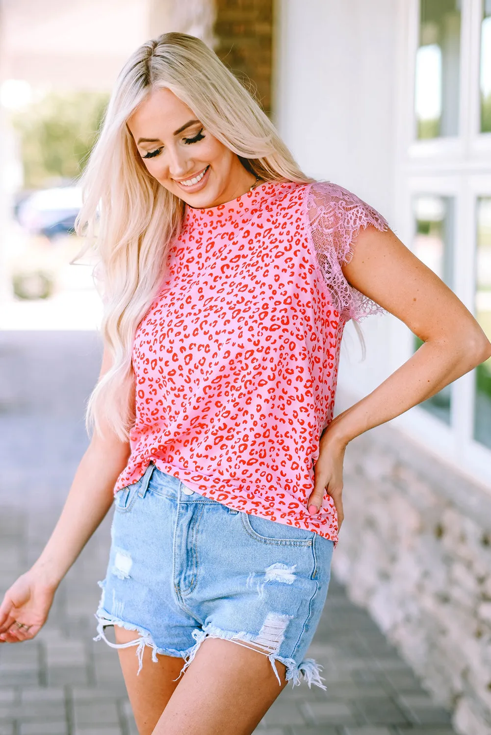 *APP EXCLUSIVE* Leopard Print Lace Short Sleeve Blouse