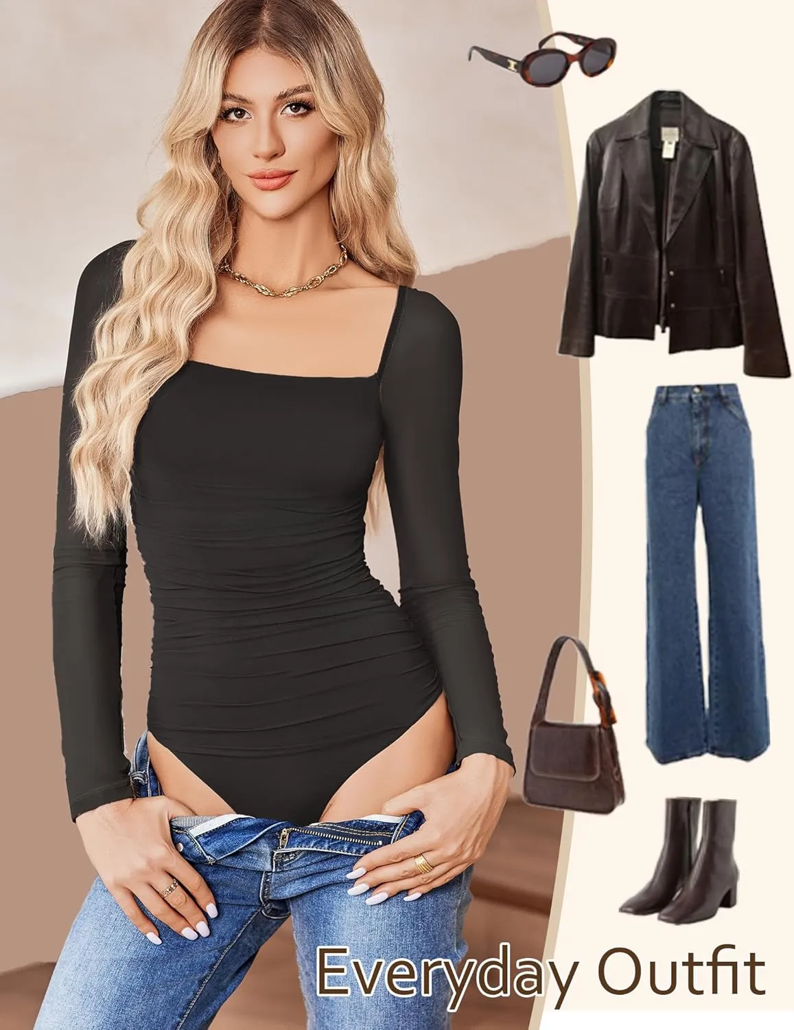Avidlove Women's Square Neck Mesh Long Sleeve Bodysuit Shirts Ruched Body Suit Sexy Sheer Tops Date Night Outfit