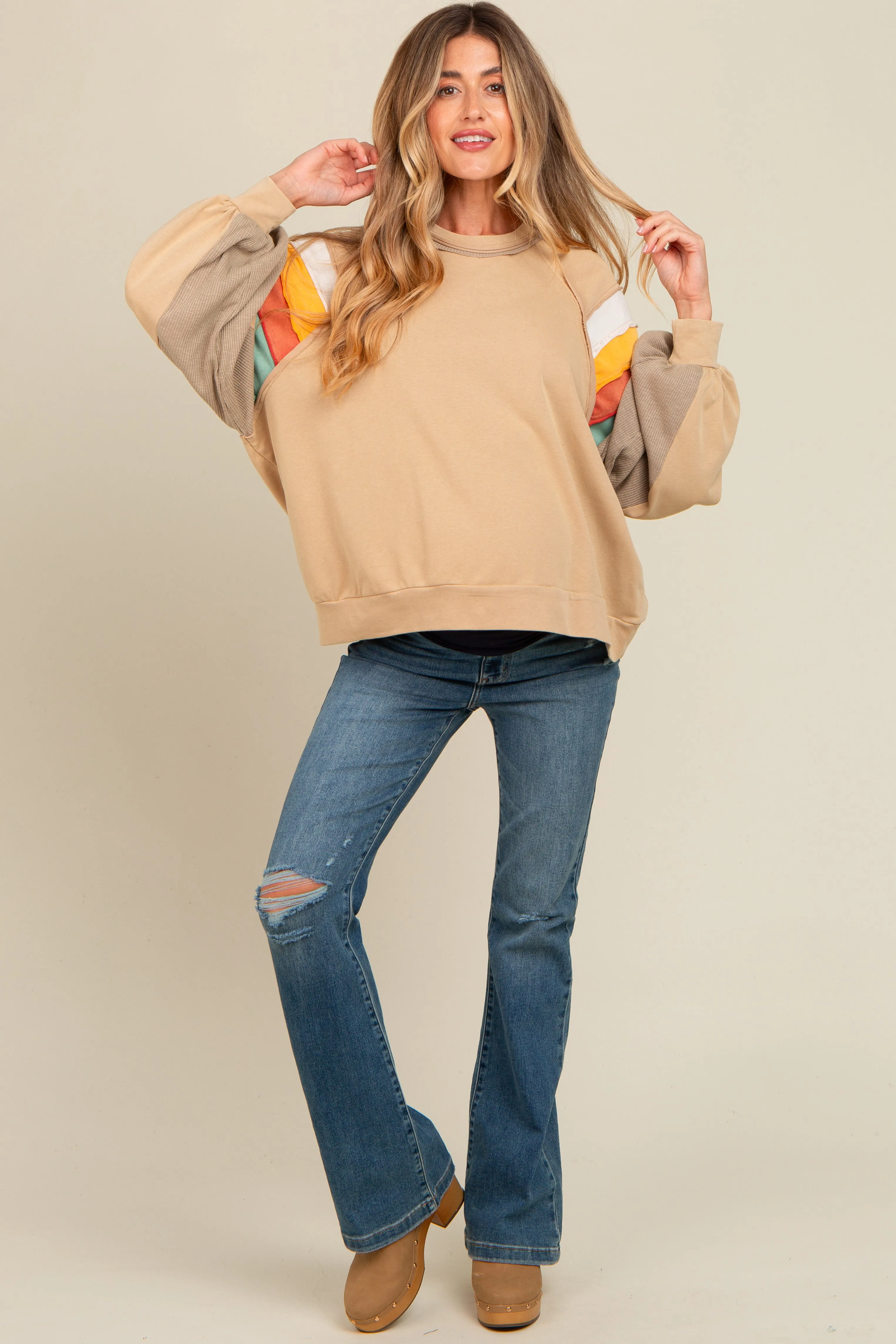 Beige Colorblock Bubble Sleeve Maternity Pullover