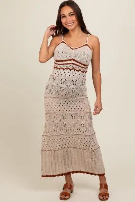 Beige Contrast Trim Crochet Maternity Maxi Swim Cover Up