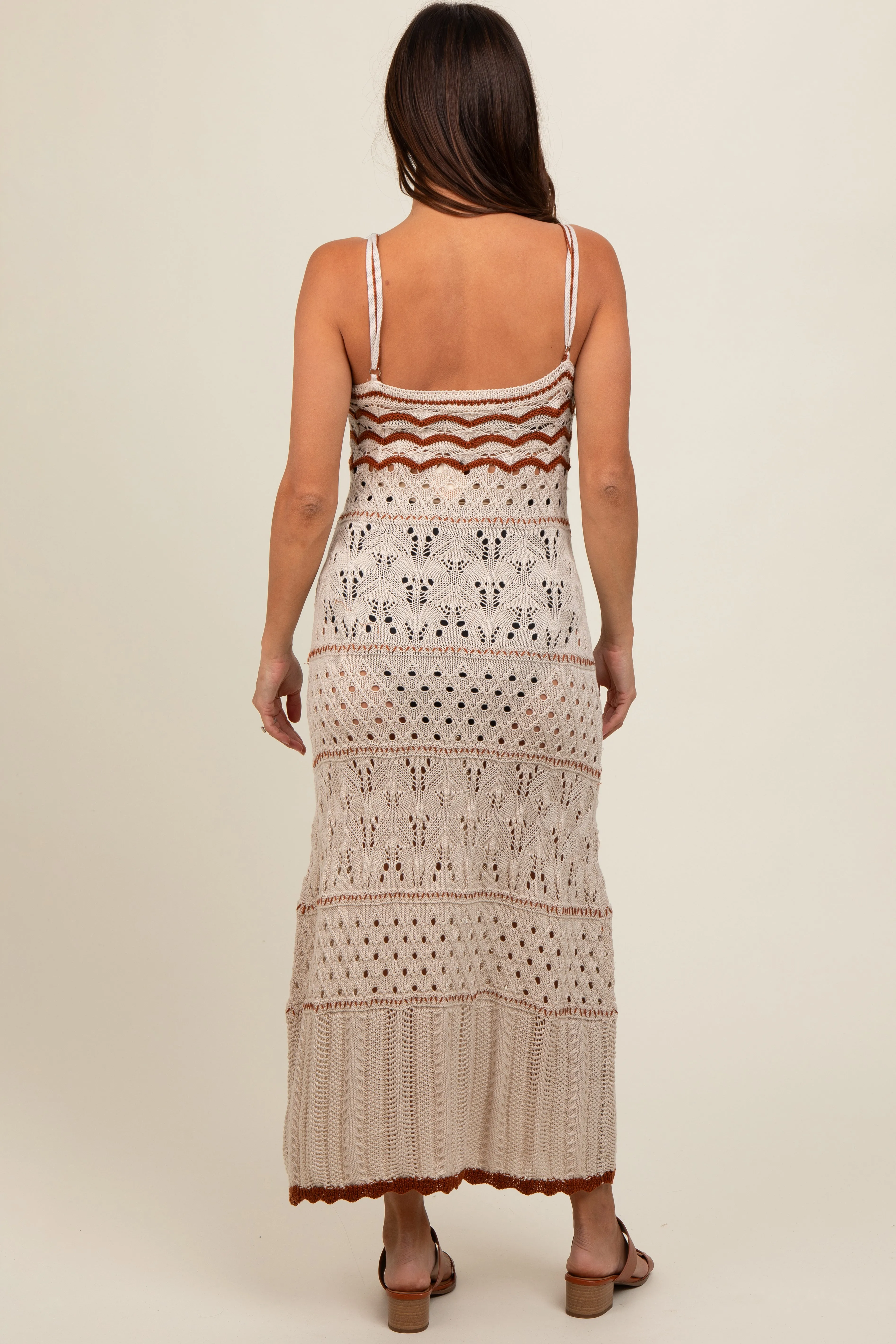 Beige Contrast Trim Crochet Maternity Maxi Swim Cover Up