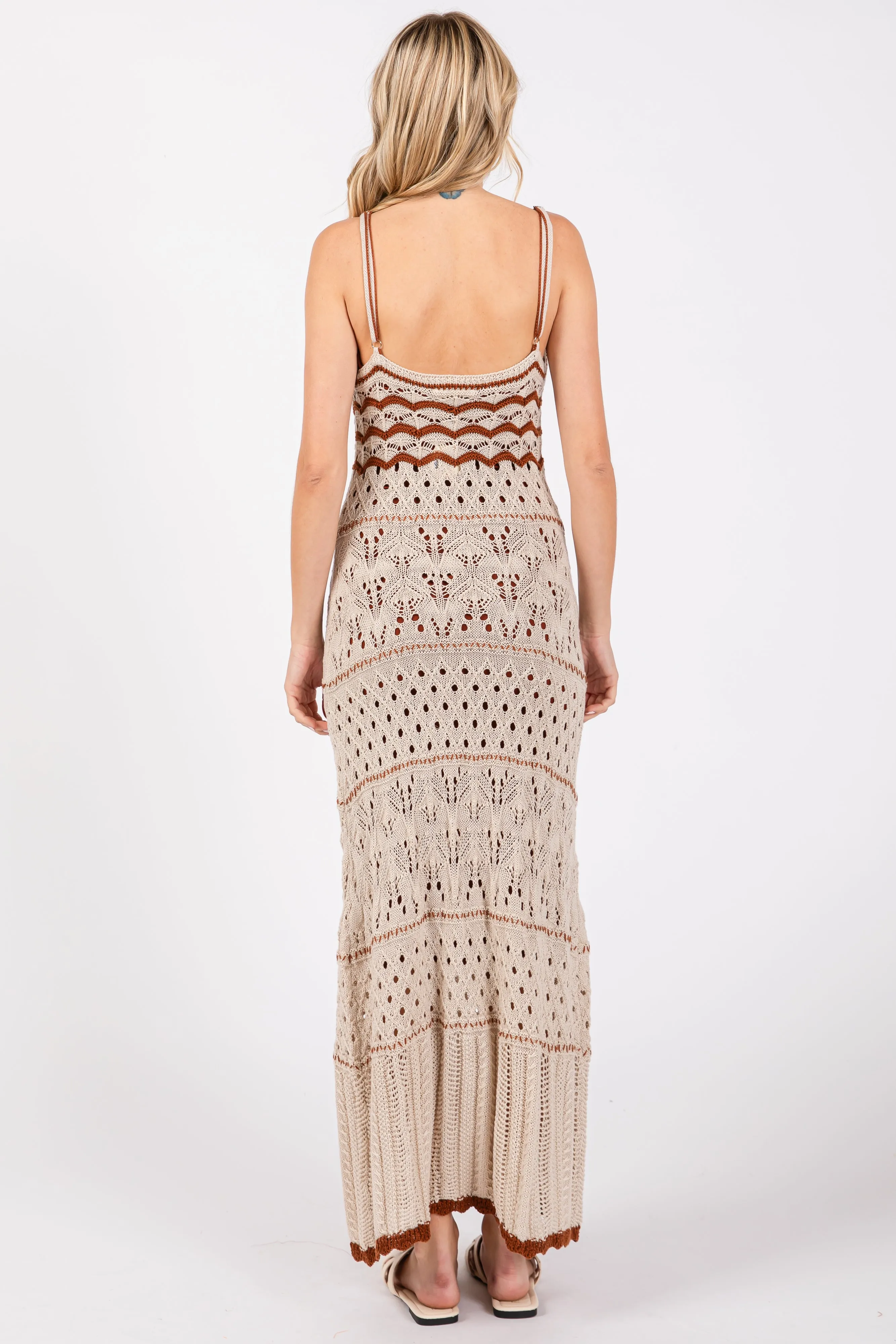 Beige Contrast Trim Crochet Maxi Swim Cover Up