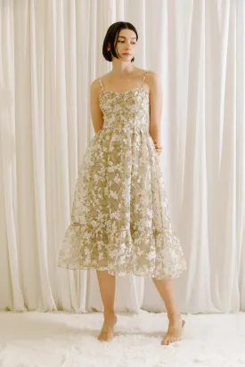 Beige Floral Midi Dress