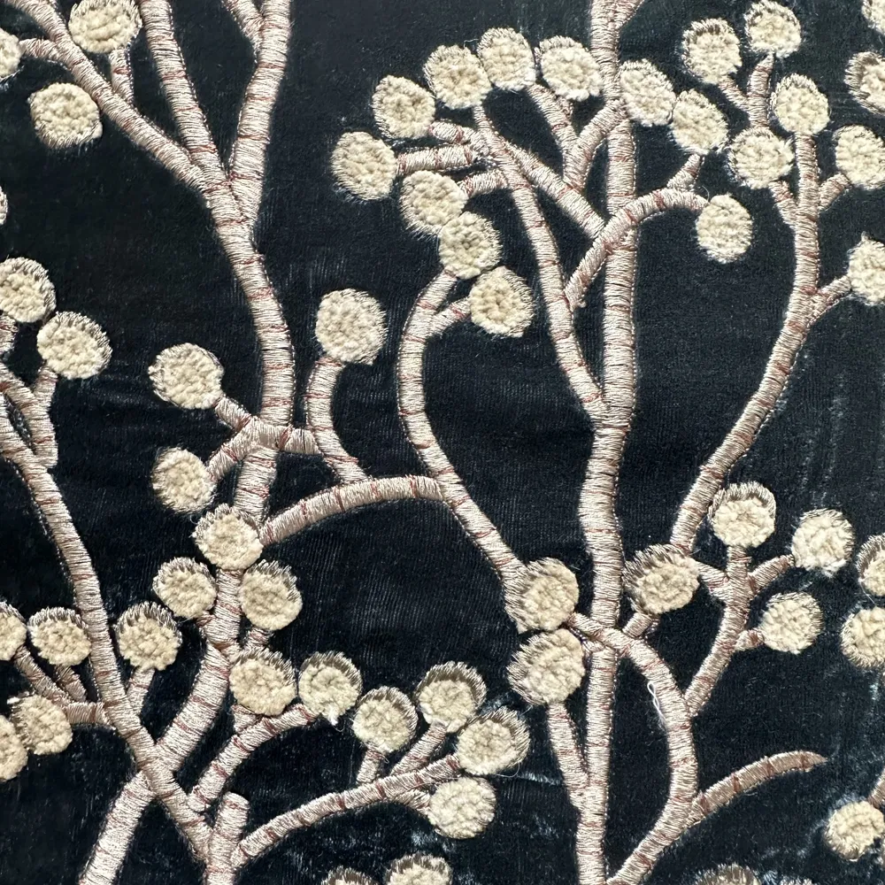 Berries Embroidered Silk Velvet Cushion in Teal