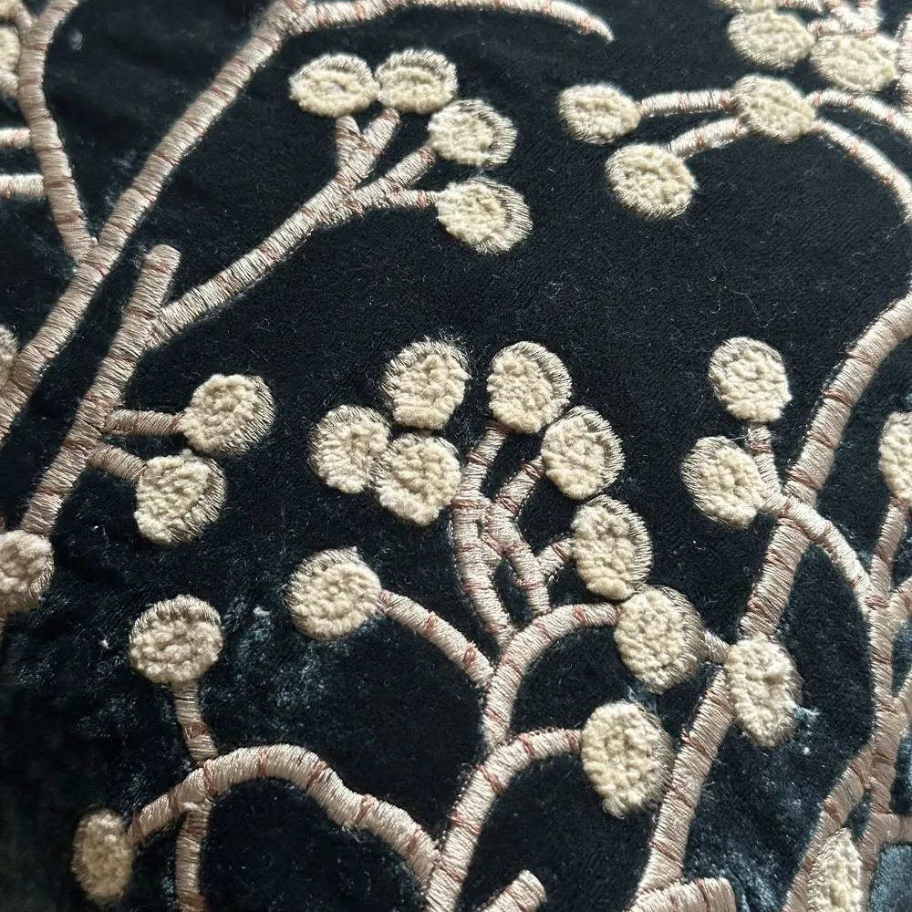 Berries Embroidered Silk Velvet Cushion in Teal