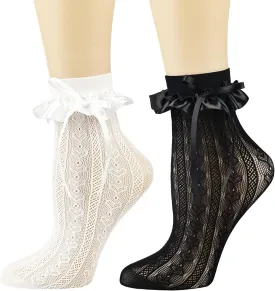 BIVOLU Womens Ankle Socks Lace Ruffle Frilly Cotton Cute Princess Ankle Dress Socks for Girl 2 Pack