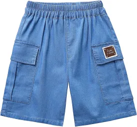 Boys Cargo Shorts Elastic Waist Pull-On Looks Jeans Lightweight Youth School Shorts with Pockets Summer Clothes 5-12Y