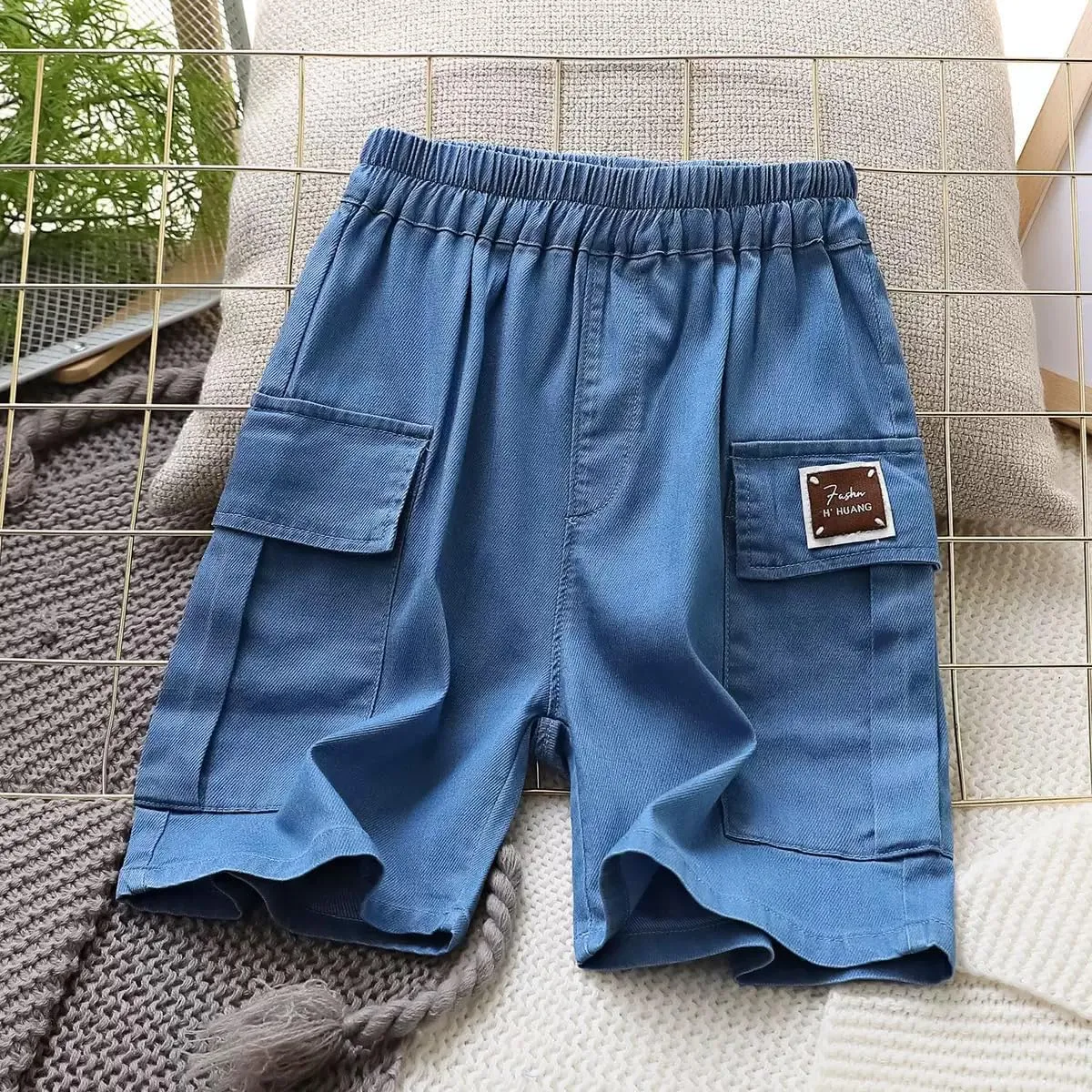 Boys Cargo Shorts Elastic Waist Pull-On Looks Jeans Lightweight Youth School Shorts with Pockets Summer Clothes 5-12Y