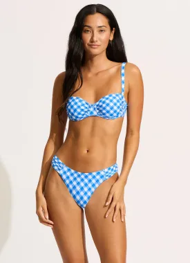 Ciao Bella Check High Leg Ruched Side Bikini Bottom - Azure