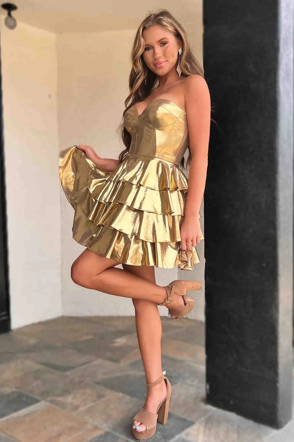 Cute A Line Sweetheart Gold Satin Short Homecoming Dresses VK24082315