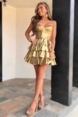 Cute A Line Sweetheart Gold Satin Short Homecoming Dresses VK24082315