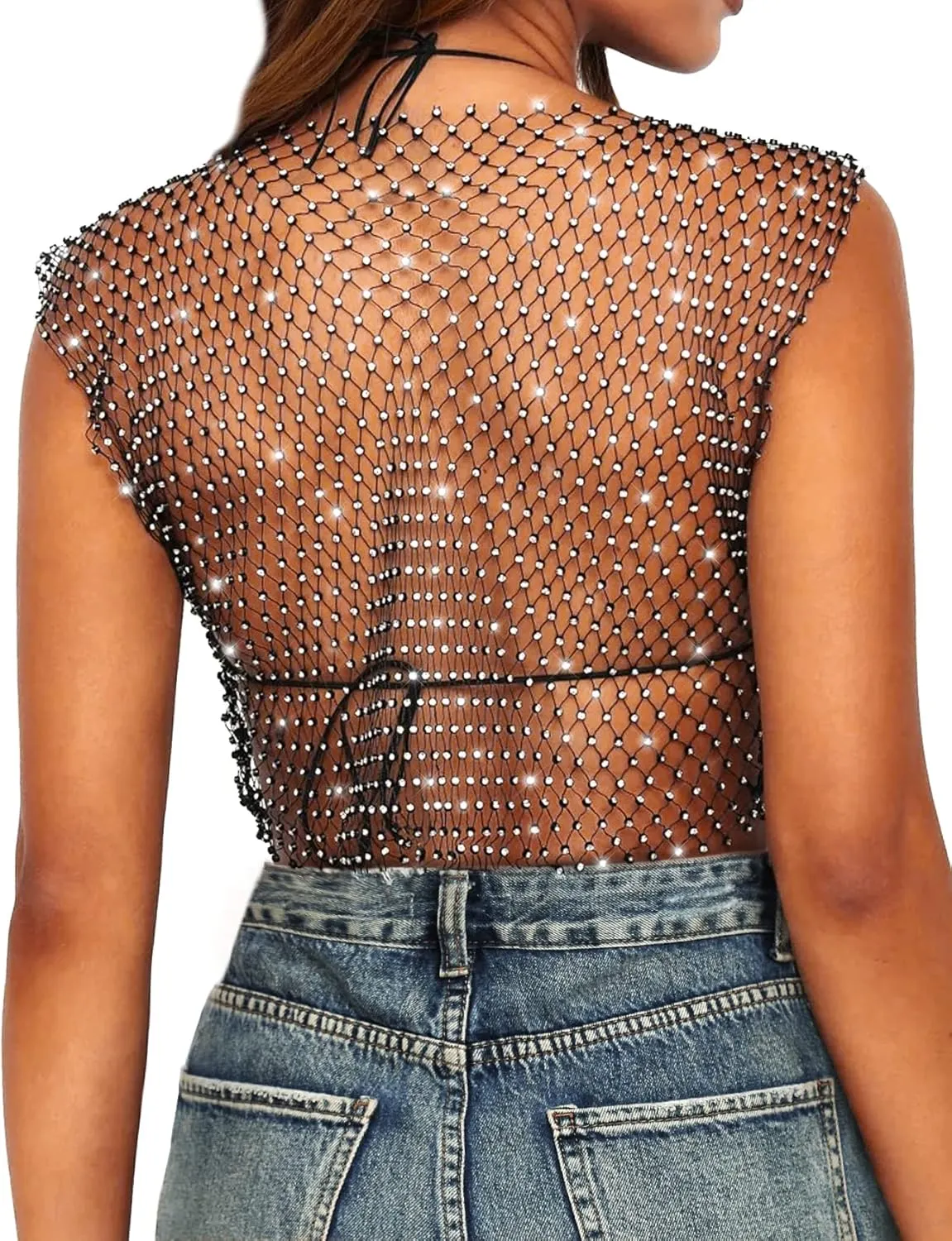 CYCLAMEN Women's Rhinestone Body Chains Long Sleeve Crop Tops Crystal See Through Mesh Diamond Fishnet Shirts Outfits
