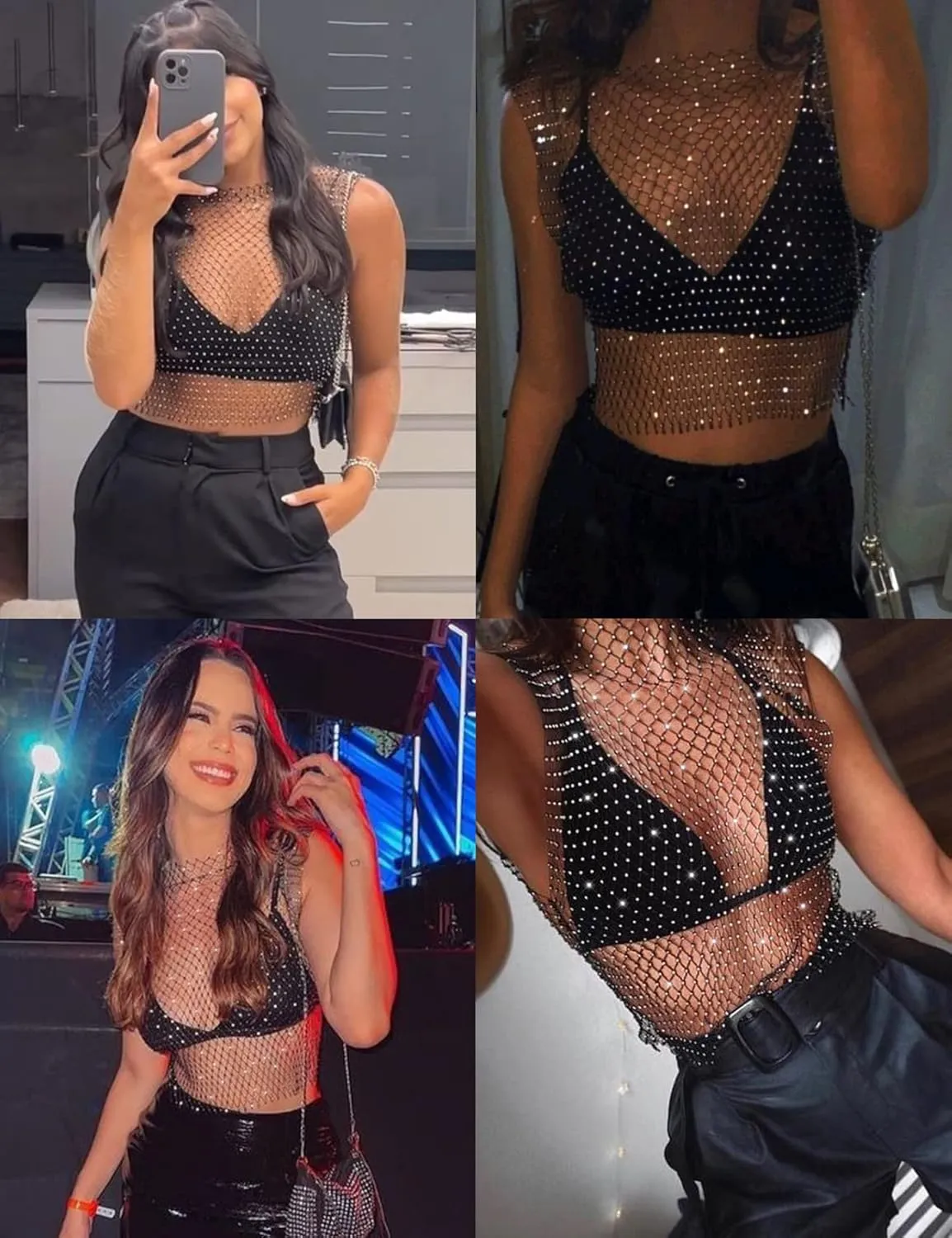 CYCLAMEN Women's Rhinestone Body Chains Long Sleeve Crop Tops Crystal See Through Mesh Diamond Fishnet Shirts Outfits