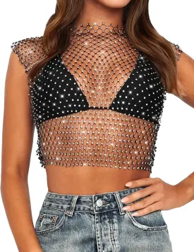 CYCLAMEN Women's Rhinestone Body Chains Long Sleeve Crop Tops Crystal See Through Mesh Diamond Fishnet Shirts Outfits