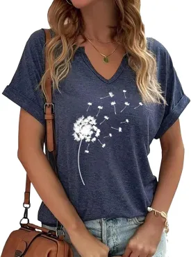 Dandelion Shirts Women's Cute V Neck Sunflower Wildflower Flower Lovers Graphic Casual Printed Tee Tops