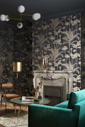 Divine Savages Crane Fonda Black Gold Wallpaper