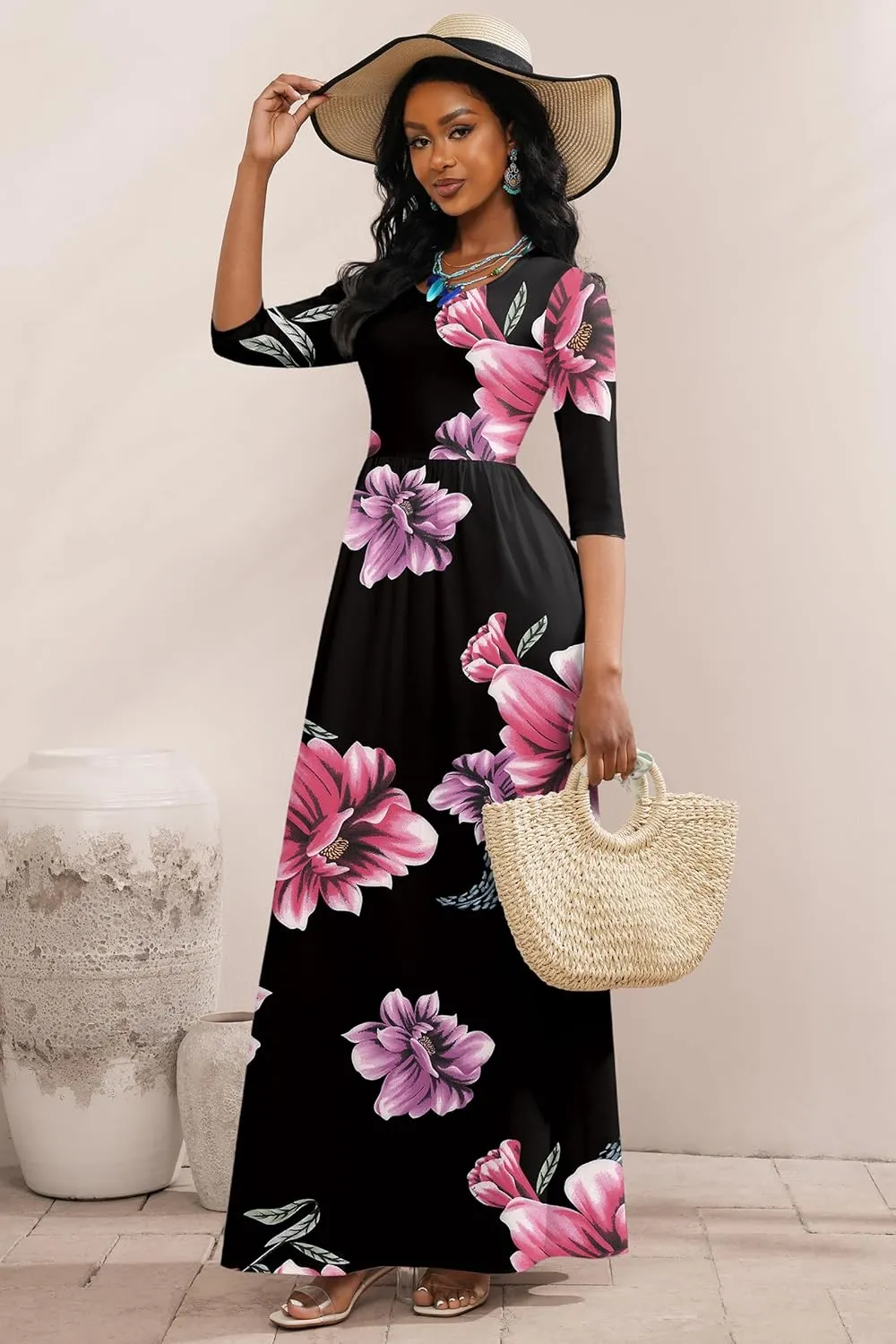 FANDEE Maxi Dress for Women 3/4 Sleeve Crew Neck Empire Waist Casual Dress with Pockets