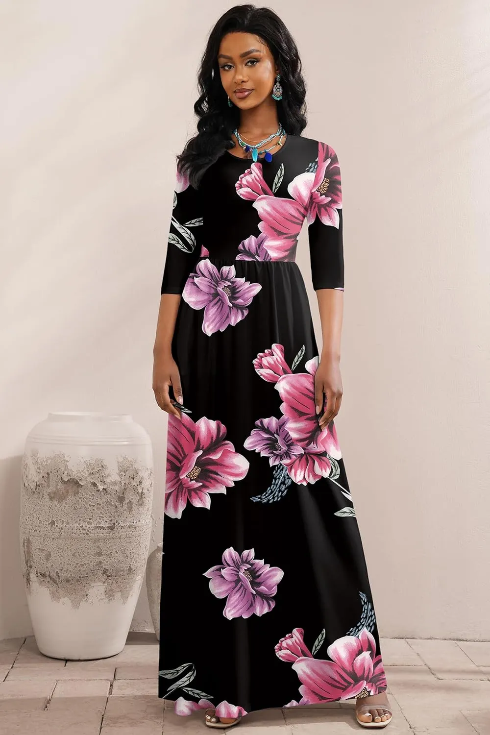 FANDEE Maxi Dress for Women 3/4 Sleeve Crew Neck Empire Waist Casual Dress with Pockets
