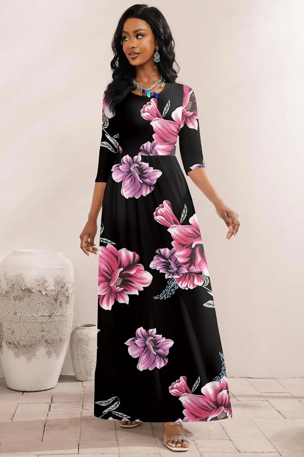 FANDEE Maxi Dress for Women 3/4 Sleeve Crew Neck Empire Waist Casual Dress with Pockets