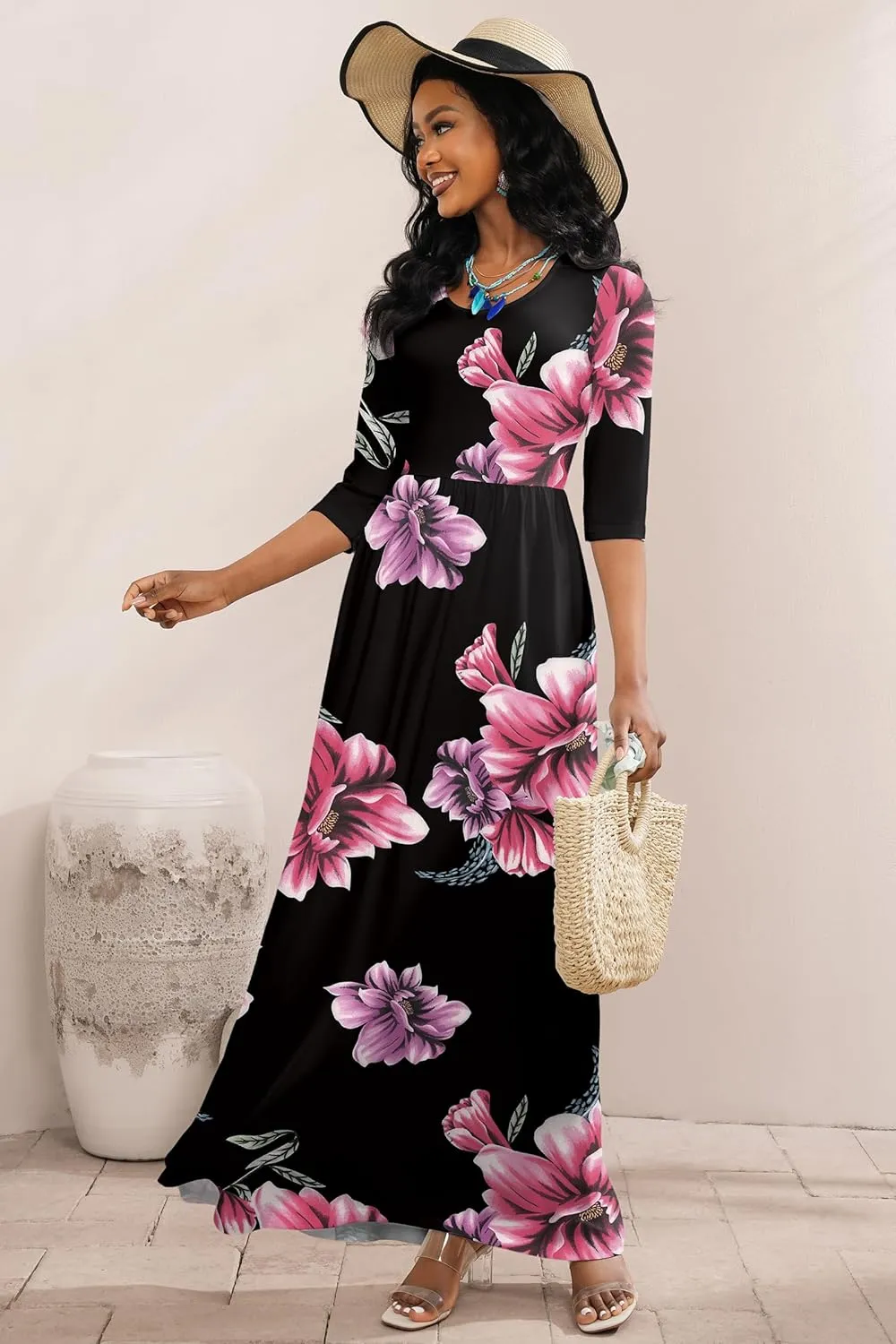 FANDEE Maxi Dress for Women 3/4 Sleeve Crew Neck Empire Waist Casual Dress with Pockets