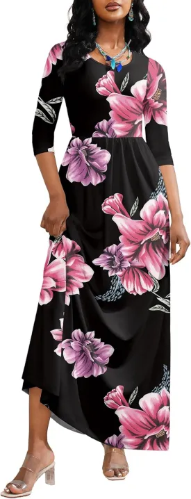FANDEE Maxi Dress for Women 3/4 Sleeve Crew Neck Empire Waist Casual Dress with Pockets