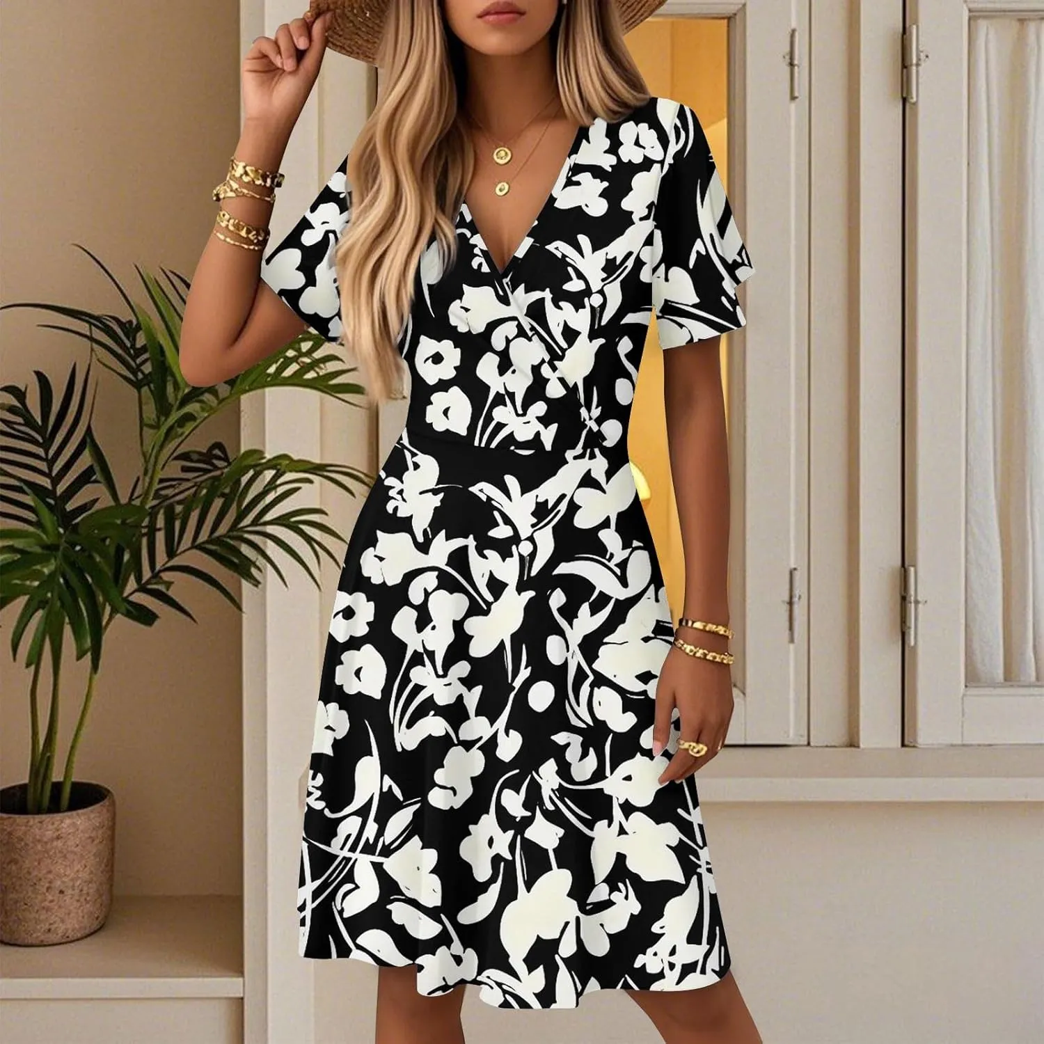Floral Dress for Women Slant Open V Neck Flowy Side Split Short Sleeve Casual Cozy Midi Dress Beach Vacation Fashion