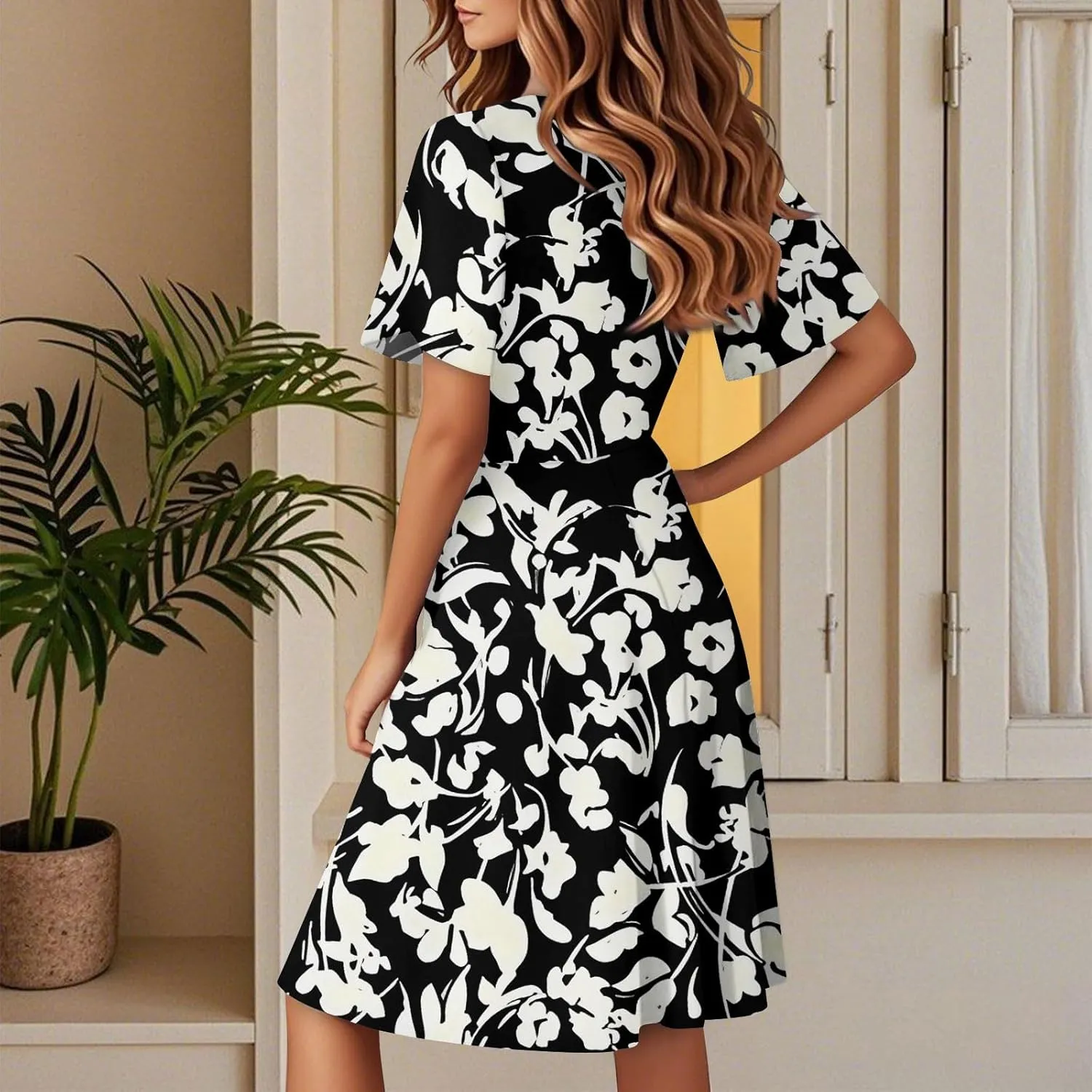 Floral Dress for Women Slant Open V Neck Flowy Side Split Short Sleeve Casual Cozy Midi Dress Beach Vacation Fashion