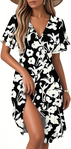 Floral Dress for Women Slant Open V Neck Flowy Side Split Short Sleeve Casual Cozy Midi Dress Beach Vacation Fashion