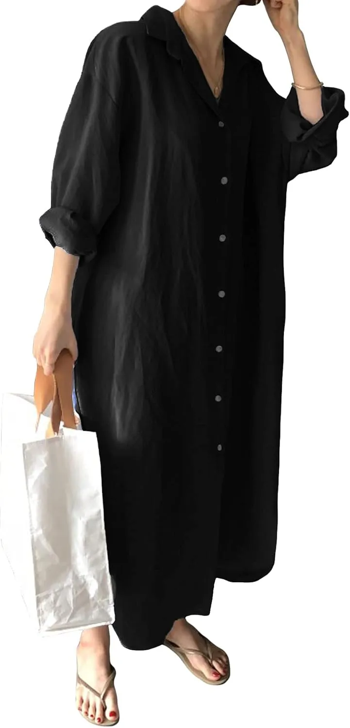 GGUHHU Womens Chic Button Down Rolled-Up Sleeve Long Cotton Blouse Maxi Dress