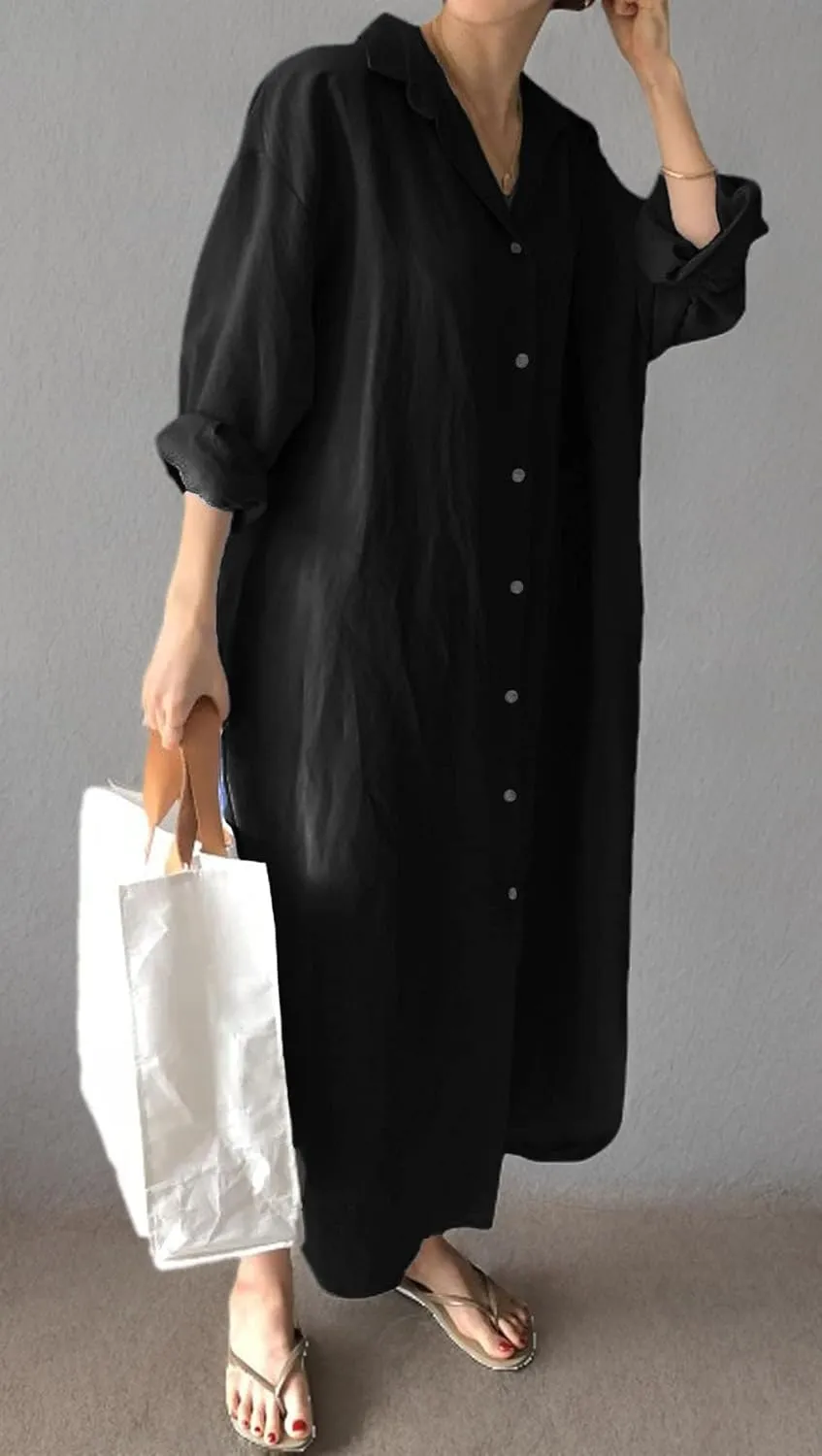 GGUHHU Womens Chic Button Down Rolled-Up Sleeve Long Cotton Blouse Maxi Dress