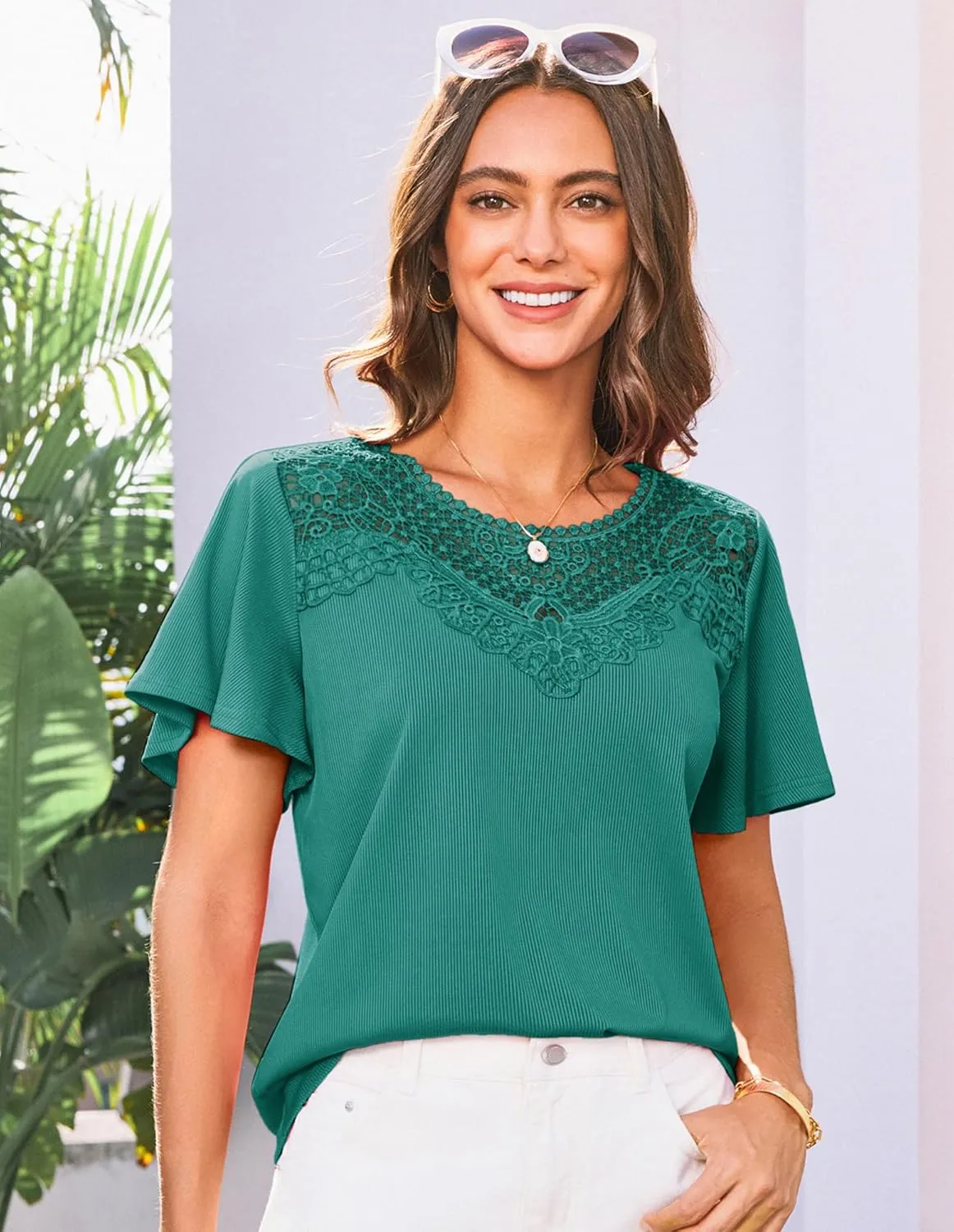 GRACE KARIN Womens Summer Tops Ruffle Sleeve 2025 Trendy Lace Floral Crew Neck Ribbed T Shirts Dressy Casual Blouses