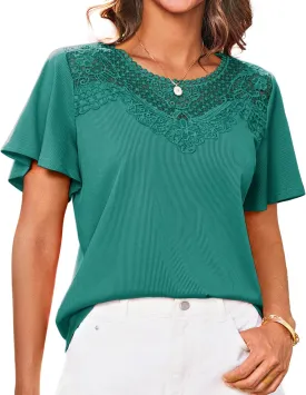 GRACE KARIN Womens Summer Tops Ruffle Sleeve 2025 Trendy Lace Floral Crew Neck Ribbed T Shirts Dressy Casual Blouses