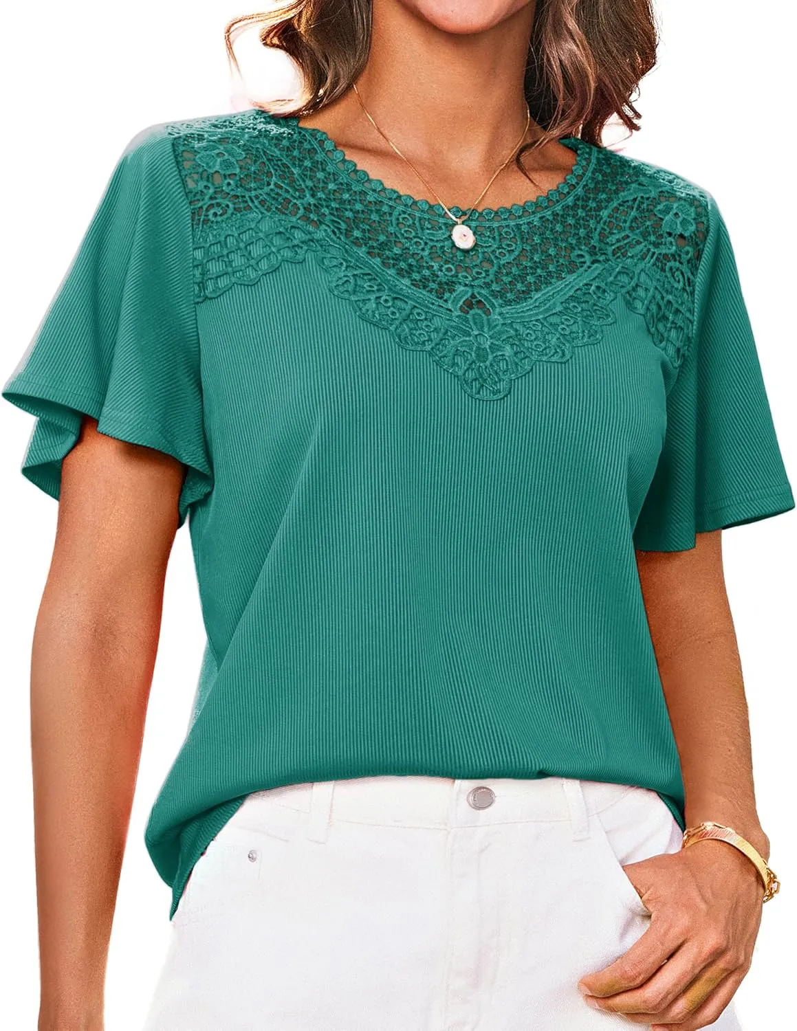 GRACE KARIN Womens Summer Tops Ruffle Sleeve 2025 Trendy Lace Floral Crew Neck Ribbed T Shirts Dressy Casual Blouses