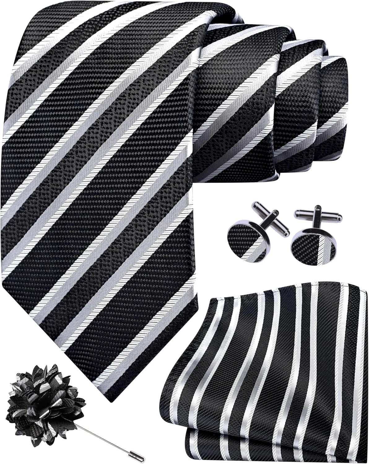 GUSLESON 3.15"8cm Mens Stripe Tie and Lapel Pin Necktie Hankerchief Cufflinks Set for Men