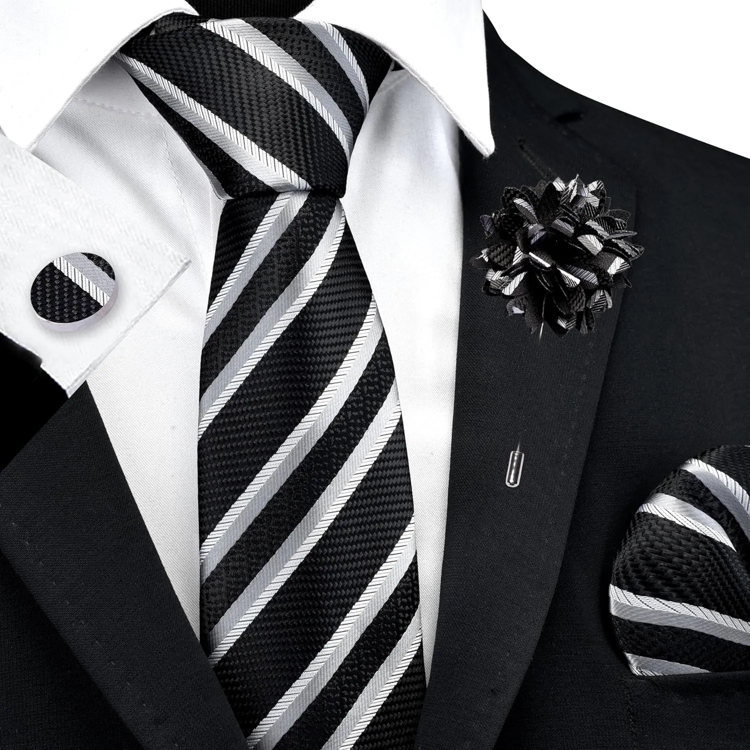 GUSLESON 3.15"8cm Mens Stripe Tie and Lapel Pin Necktie Hankerchief Cufflinks Set for Men
