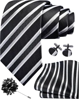 GUSLESON 3.15"8cm Mens Stripe Tie and Lapel Pin Necktie Hankerchief Cufflinks Set for Men