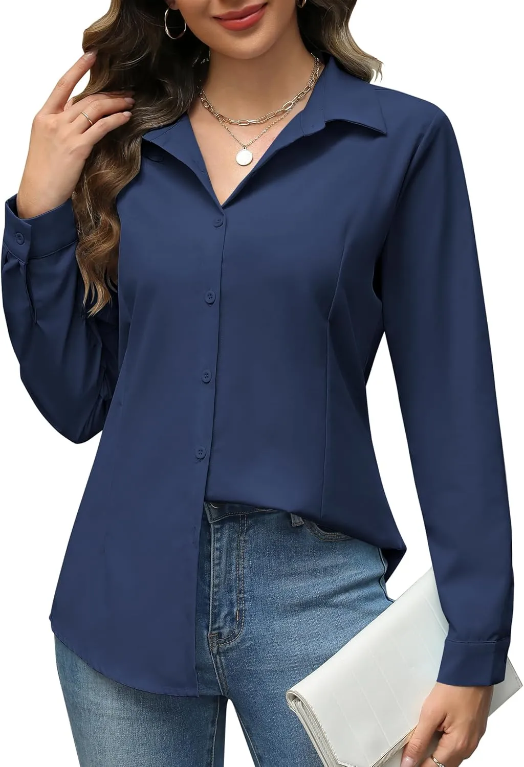 HOTOUCH Womens Button Down Shirts Long Sleeve Dress Shirt Slim Fit Collared Tops Casual Work Office Blouse S-XXL