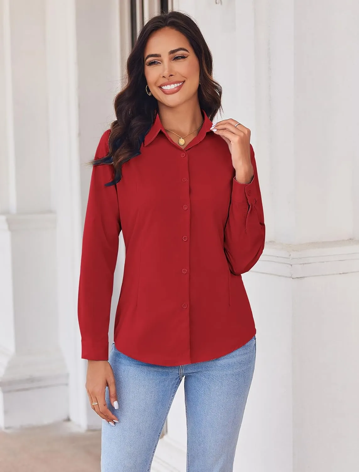 HOTOUCH Womens Button Down Shirts Long Sleeve Dress Shirt Slim Fit Collared Tops Casual Work Office Blouse S-XXL