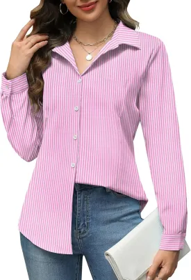 HOTOUCH Womens Button Down Shirts Long Sleeve Dress Shirt Slim Fit Collared Tops Casual Work Office Blouse S-XXL