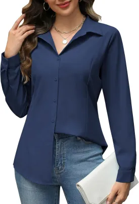 HOTOUCH Womens Button Down Shirts Long Sleeve Dress Shirt Slim Fit Collared Tops Casual Work Office Blouse S-XXL