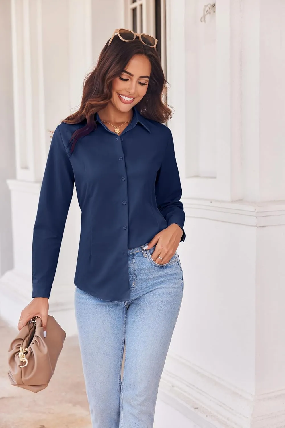 HOTOUCH Womens Button Down Shirts Long Sleeve Dress Shirt Slim Fit Collared Tops Casual Work Office Blouse S-XXL