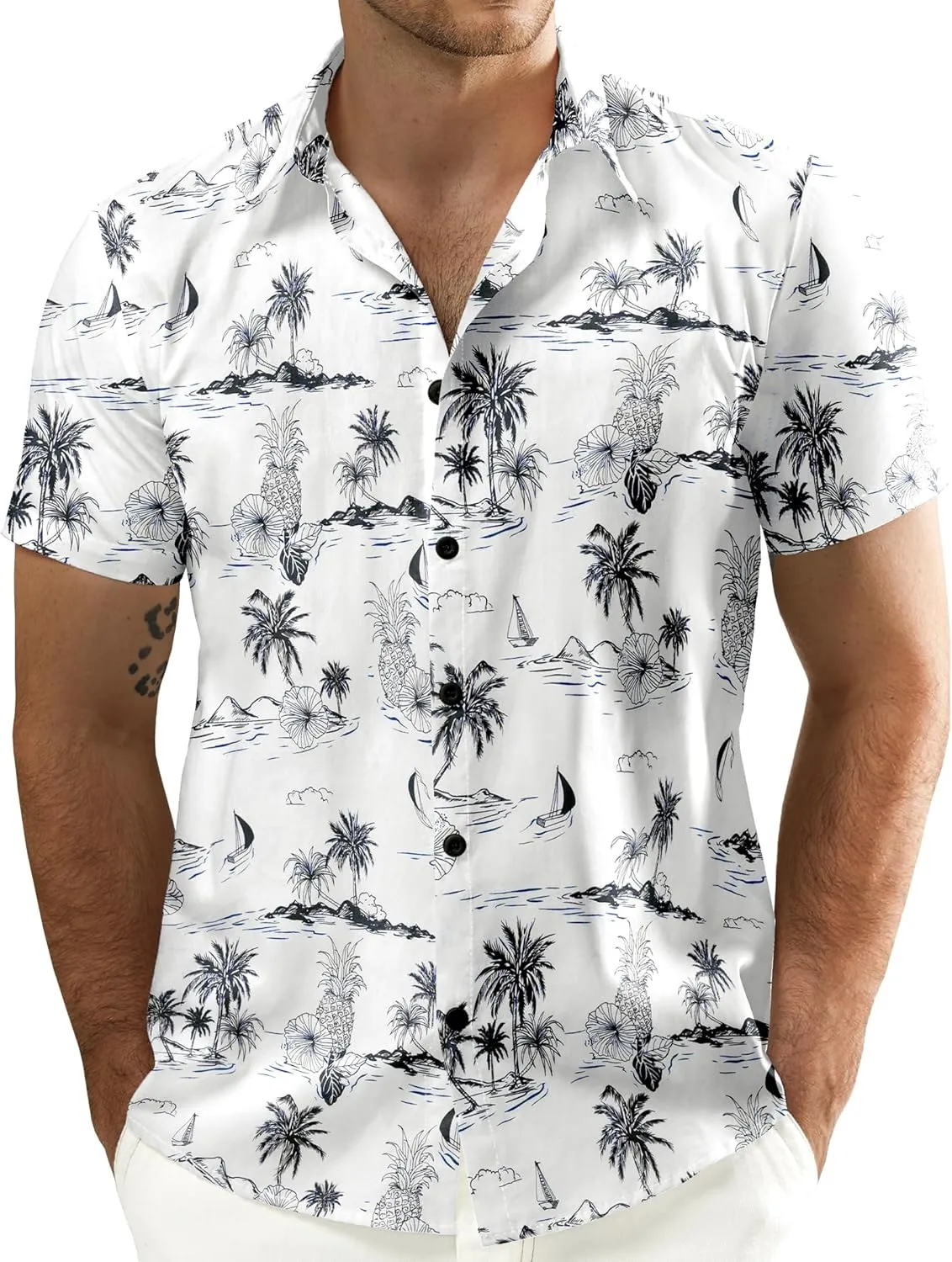 JOGAL Men's Flower Cotton Button Down Short Sleeve Hawaiian Shirt